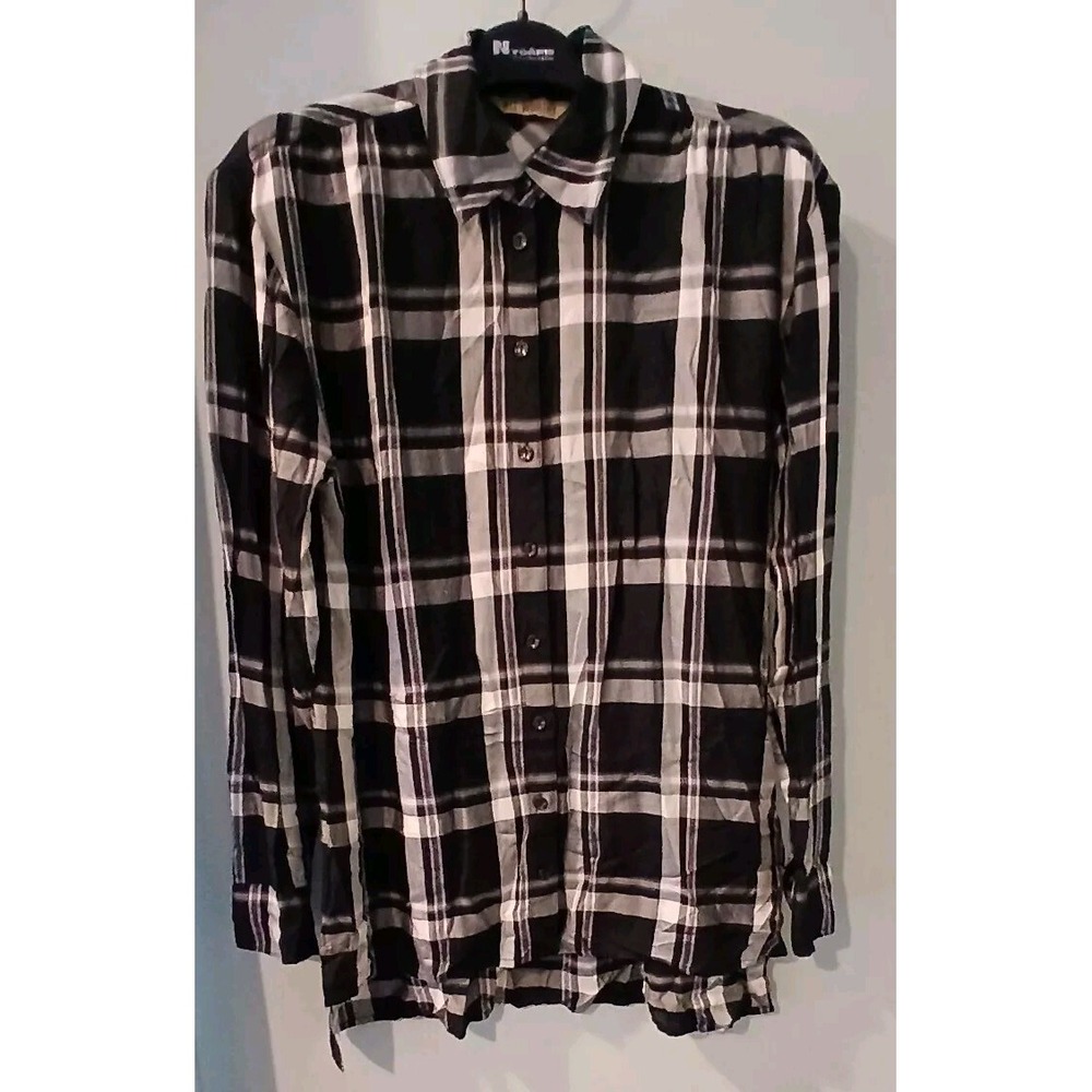 Black and White Plaid Oversized Button Down Long Sleeve Tunic Top - Picture 3 of 5